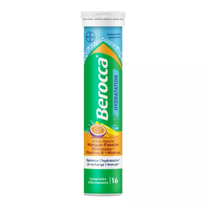 Berocca Hydratation Mangue-passion Bayer - Électrolytes & vitamines - 16 comprimés effervescents
