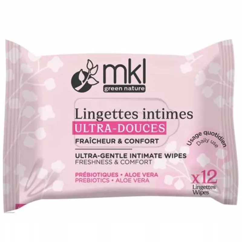 Lingettes hygiène intime ultra douces MKL Green Nature - Aloe vera & prébiotiques - Paquet de 12 lingettes