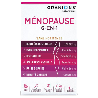 Ménopause 6-en-1 Granions - Soulage les principaux symptômes de la ménopause - 60 comprimés