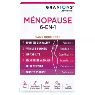 Ménopause 6-en-1 Granions - Soulage les principaux symptômes de la ménopause - 60 comprimés