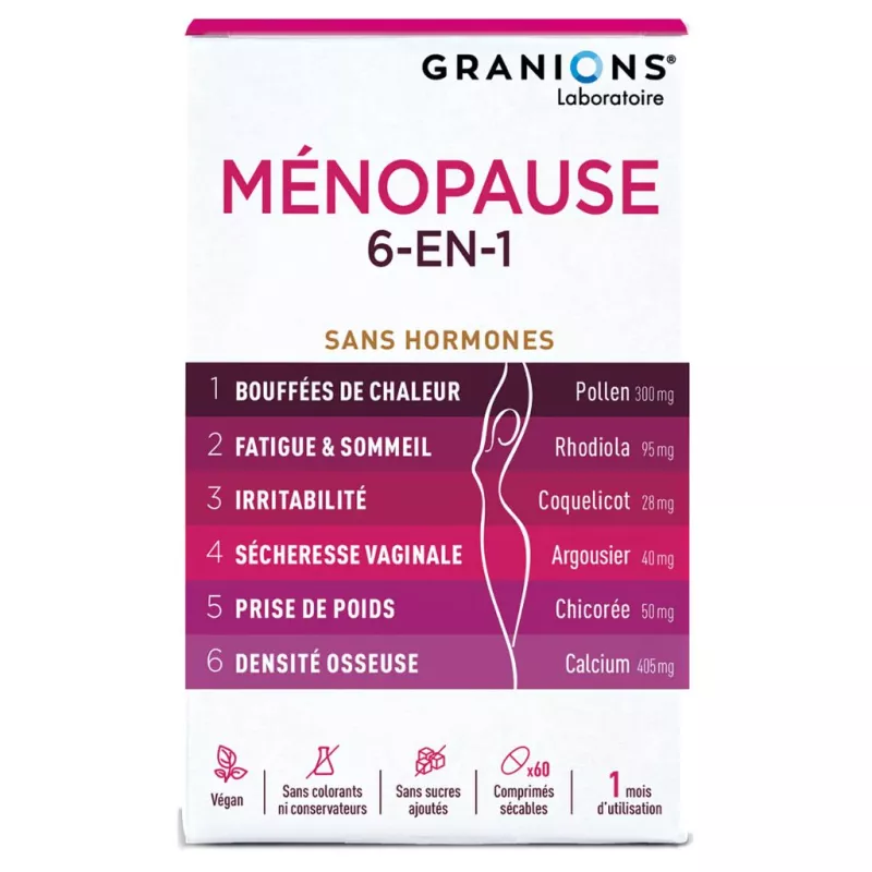 Ménopause 6-en-1 Granions - Soulage les principaux symptômes de la ménopause - 60 comprimés