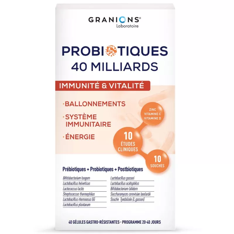 Probiotiques immunité & vitalité Granions - Contribue à réduire la fatigue - 40 gélules