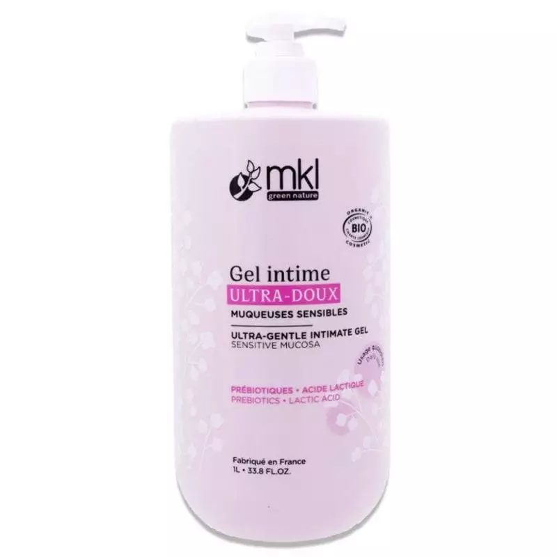 Packshot flacon pompe 1L MKL Green Nature Gel Intime Ultra Doux Bio à l'Aloe Vera, soin intime natur
