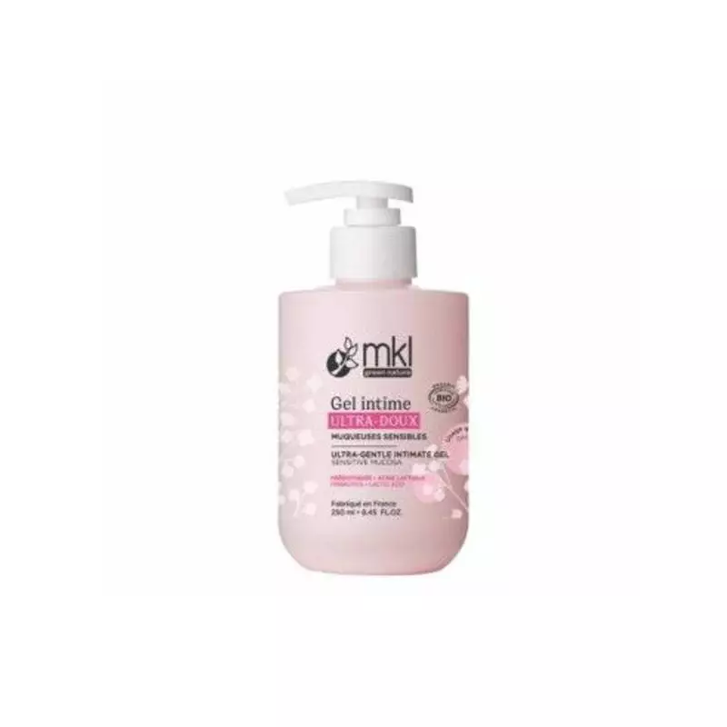 Packshot flacon pompe MKL Gel Intime Ultra-Doux à l'aloe vera bio et prébiotiques 250 ml, soin intim
