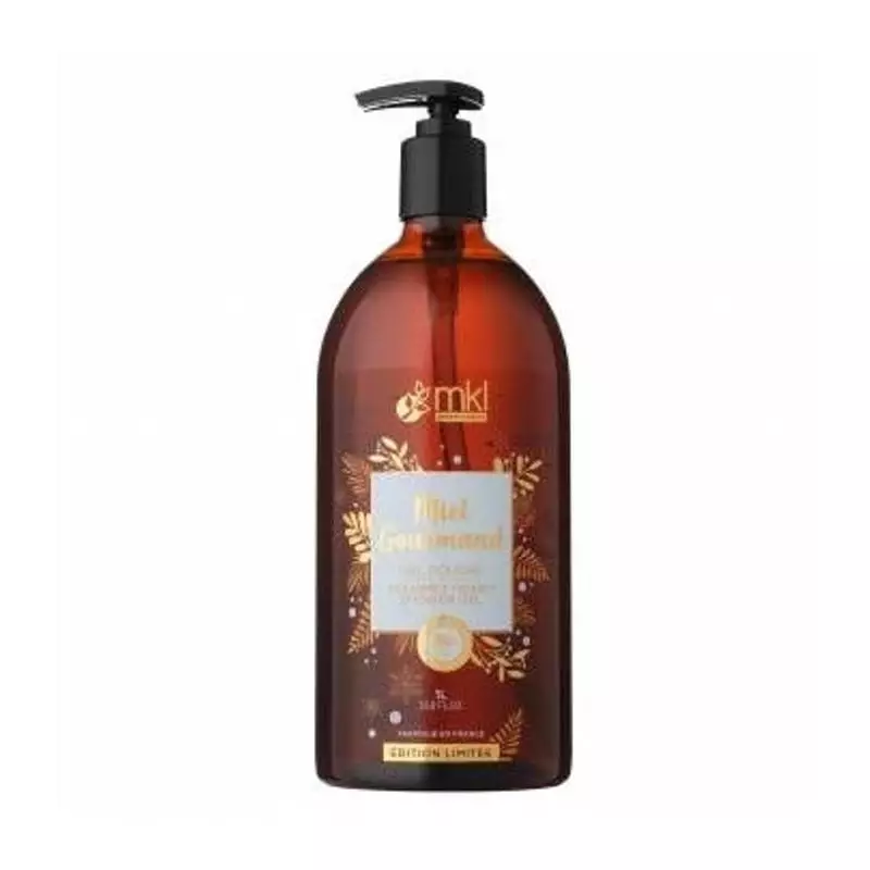 Packshot du flacon pompe 1L MKL Gel Douche Miel Gourmand surgras, soin lavant naturel au parfum miel