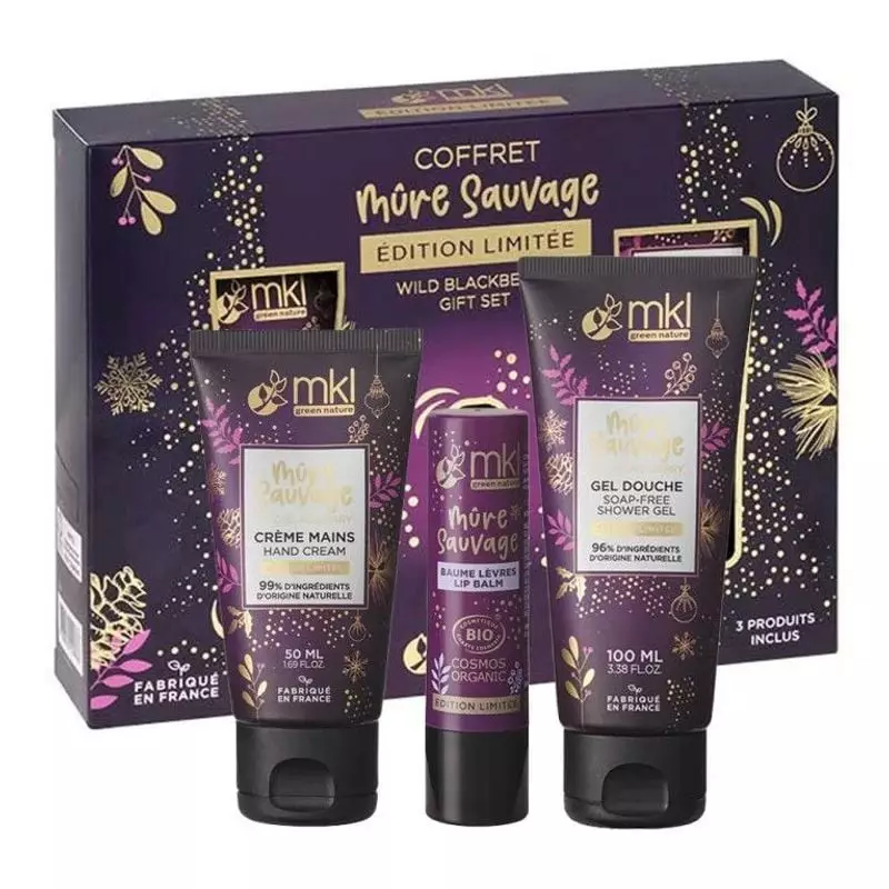 Packshot coffret MKL Délices de Mûre 3 soins : gel douche 100 ml, crème mains 50 ml, brume parfumée 