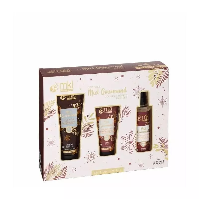 Packshot coffret MKL Miel Gourmand 3 soins corporels - 100 ml + 50 ml + 100 ml, gel douche, crème ma