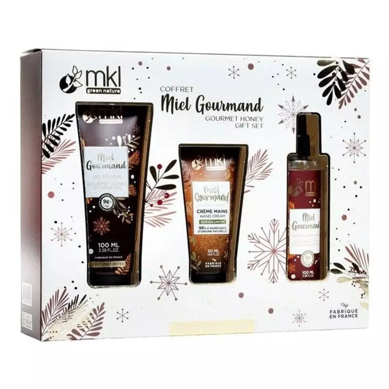 Packshot coffret MKL Miel Gourmand 3 soins corporels - 100 ml + 50 ml + 100 ml, gel douche, crème ma