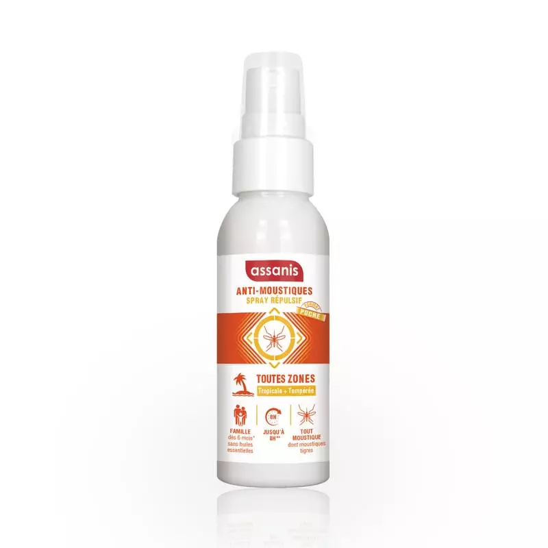 Spray répulsif anti-moustiques Assanis Tropical 40 ml, flacon blanc avec étiquette orange montrant i