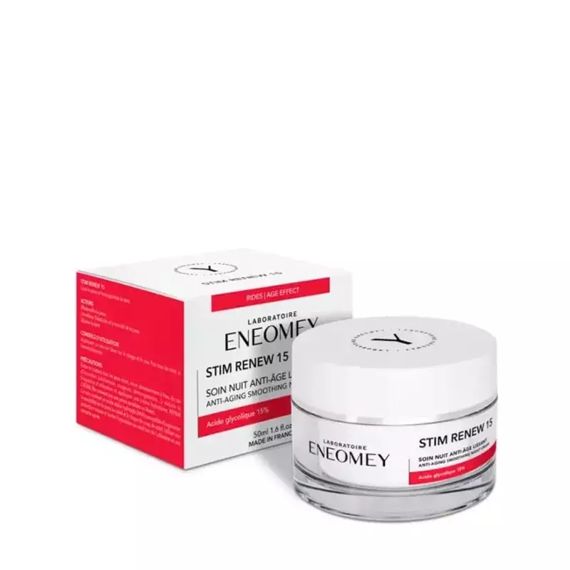 Boîte rouge de la crème de nuit lissante anti-âge STIM RENEW 15 à côté du pot blanc, avec étiquettes