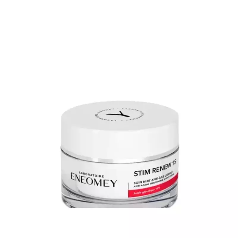Vue en angle du pot blanc STIM RENEW 15 du Laboratoire ENEOMEY, mettant en avant l'étiquette 'Soir N
