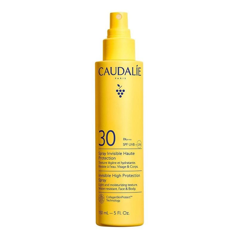Spray Invisible Haute Protection SPF30 Caudalie en flacon jaune, vue avant avec embout spray, étique