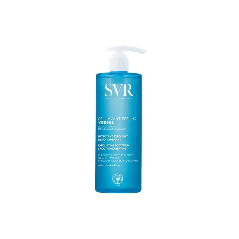Flacon SVR Xérial Gel Lavant Peeling, 400ml, avec 5% AHA, PHA et acide succinique