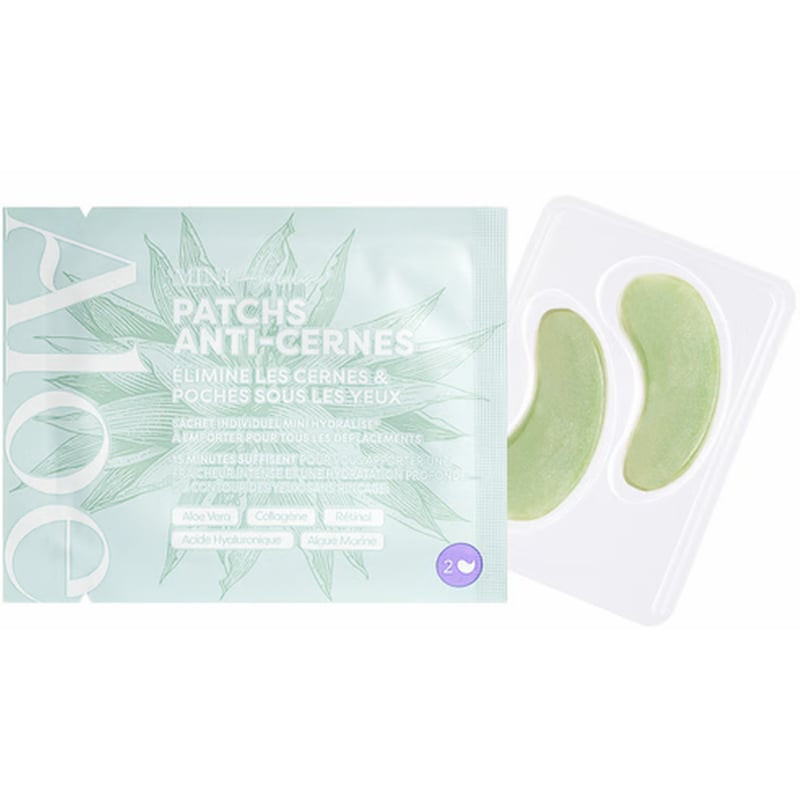 Patchs hydrogel Aloe Paris 1065062 anti-cernes dans sachet vert menthe ouvert révélant deux patchs g