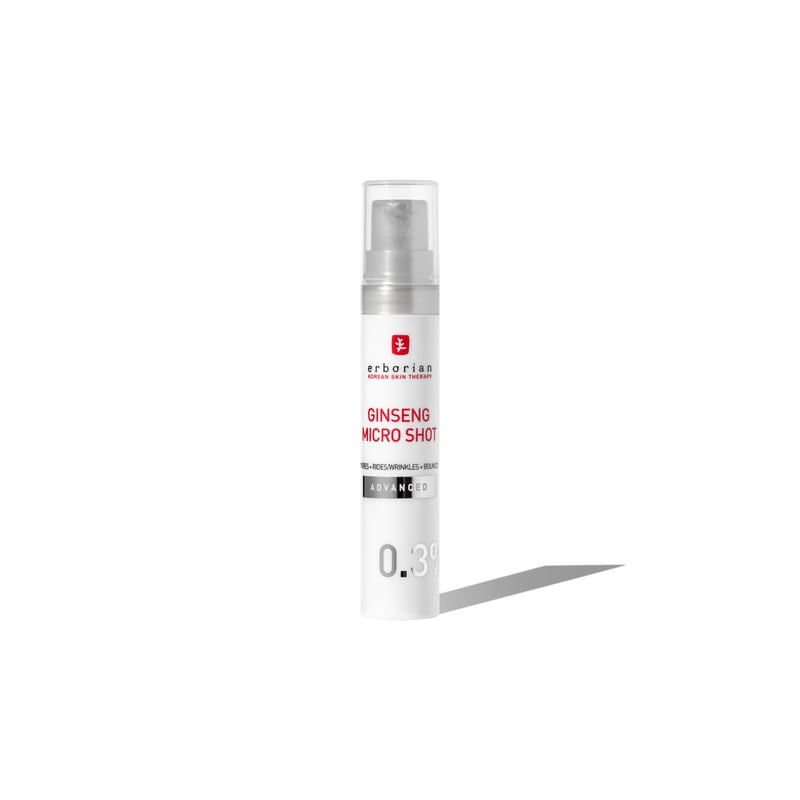 Sérum Erborian Ginseng Micro Shot en flacon blanc avec pipette, étiqueté pour amélioration visible d