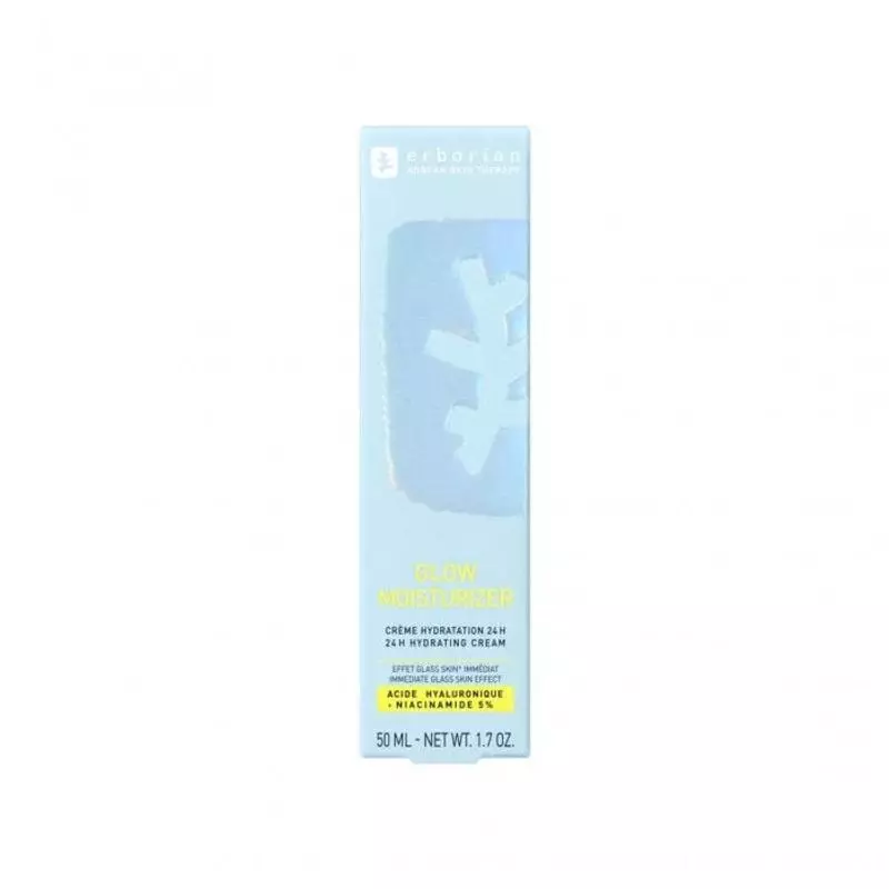 Erborian Glow Moisturizer crème hydratante 24h en tube bleu clair, 50ml, acide hyaluronique, 5% niac