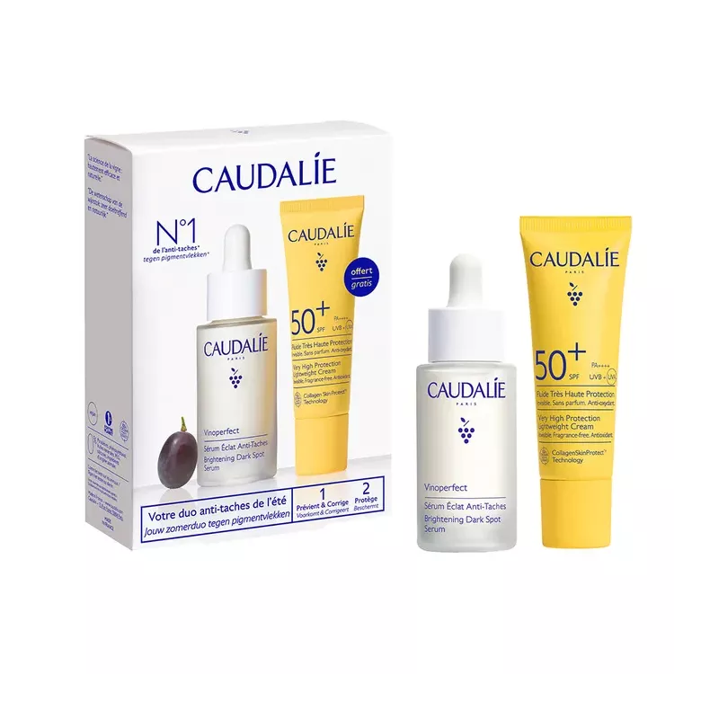 Sérum éclat anti-tâches Vinoperfect 30ml + Fluide solaire visage SPF50+ Vinosun Ocean Protect 25ml Offert Caudalie