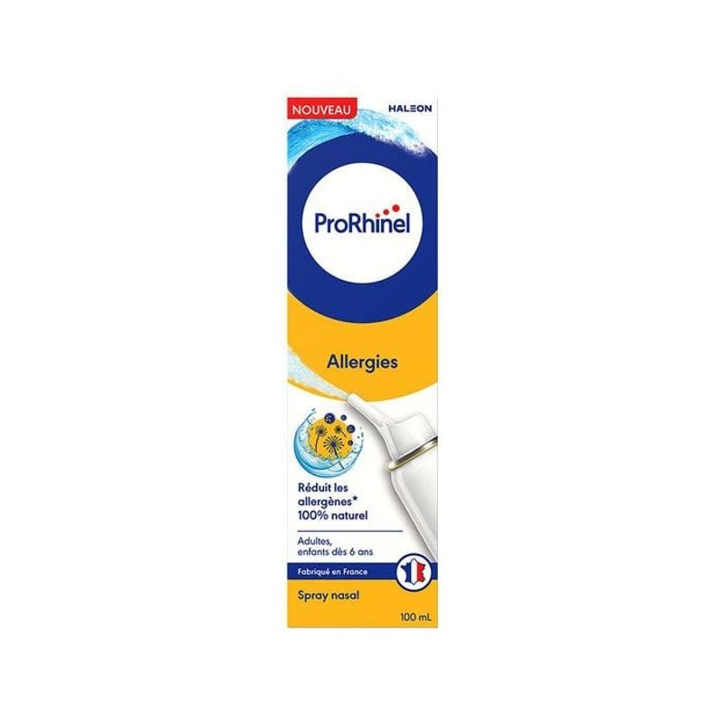 Vue avant de la boîte du spray nasal ProRhinel Allergies, bleu avec accents jaunes, logo marque, '10