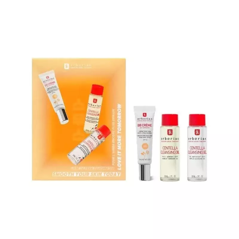 Packshot Erborian Kit BB Cleans Duo Doré montrant tube BB Crème, Huile Démaquillante Centella et fla