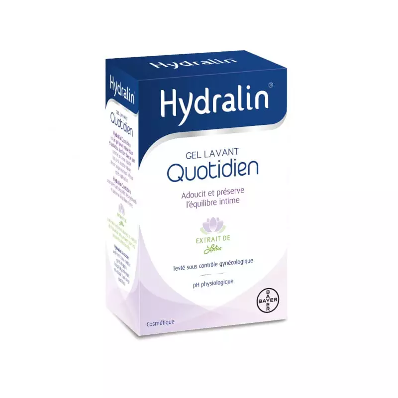 Bayer Hydralin Quotidien gel lavant intime à l'extrait de lotus dans un flacon blanc et bleu