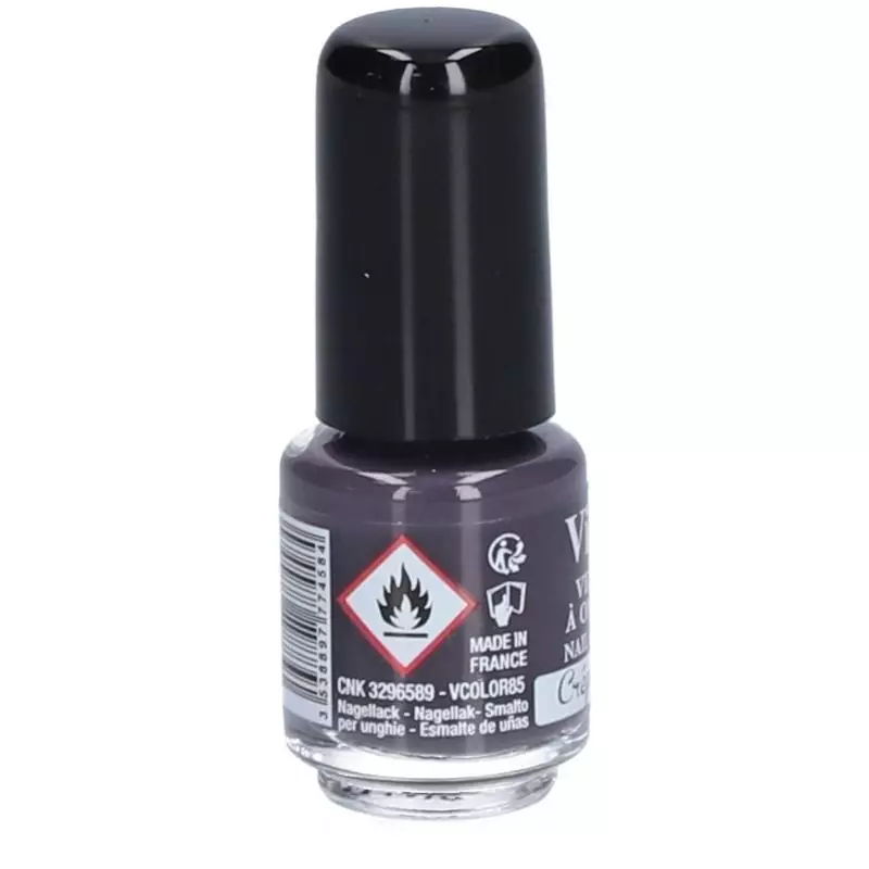 Vue du vernis à ongles mini Vitry Crépuscule, montrant l'étiquette et le bouchon sous un angle diffé