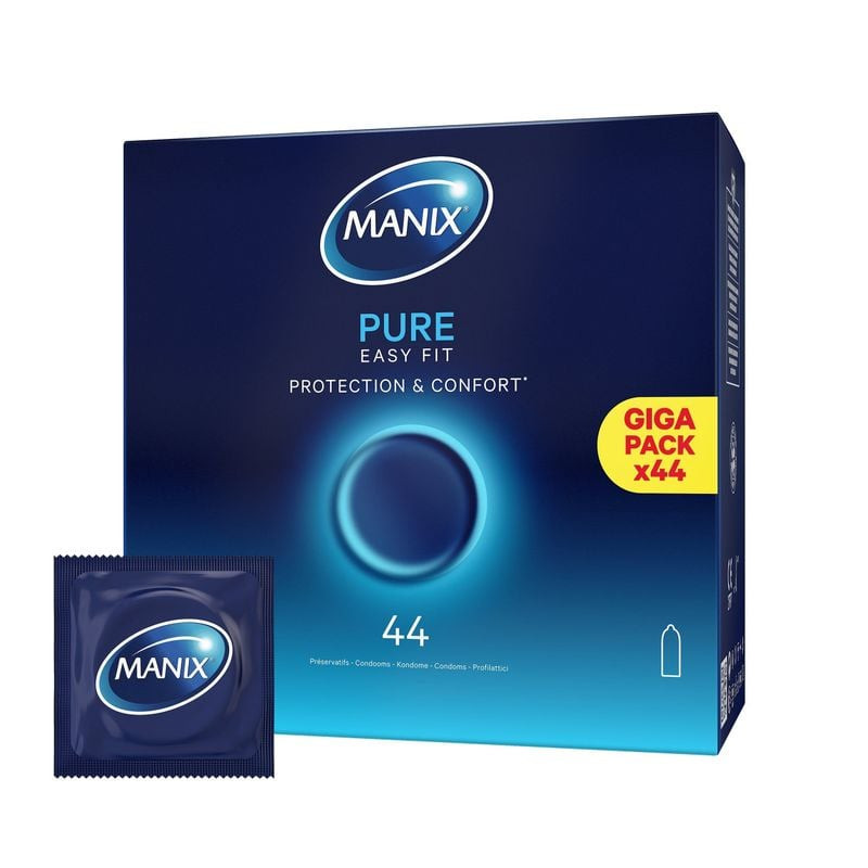 Packshot de la boîte de préservatifs Manix Pure Easy Fit, lubrifiant vanille et design Easy Fit pour