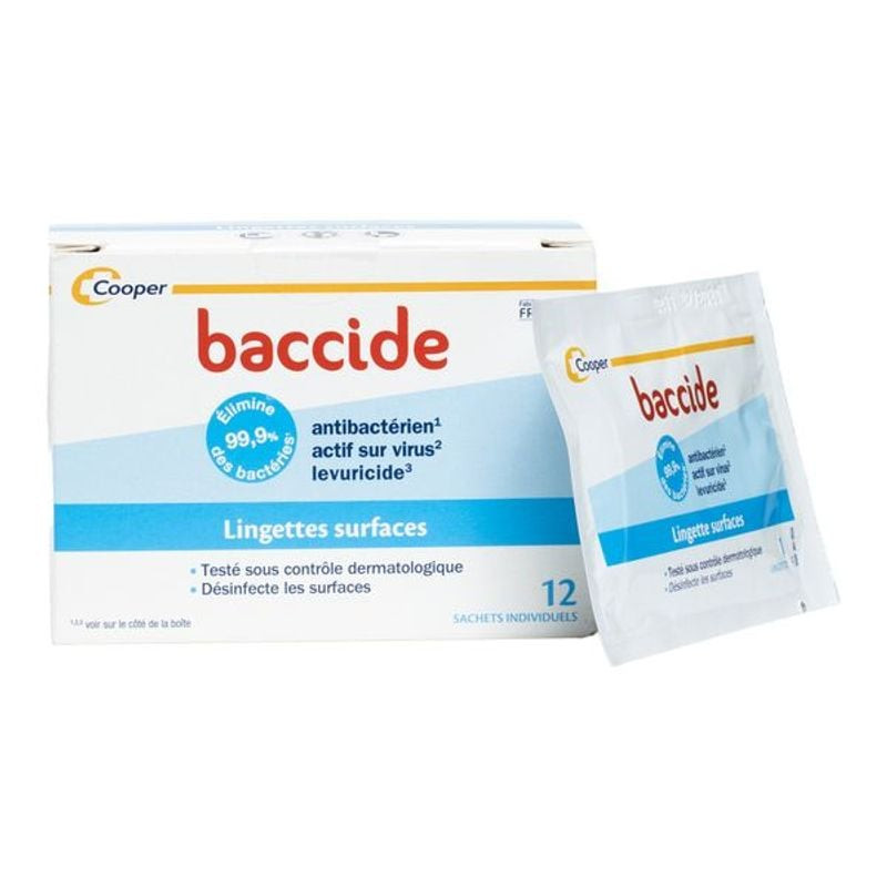 Boîte ouverte de lingettes désinfectantes Baccide révélant les sachets individuels à l'intérieur.