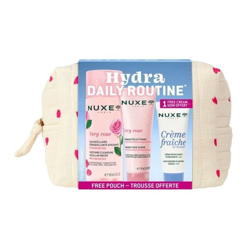 Kit Nuxe Hydra Daily Routine : eau micellaire Very Rose apaisante, gommage exfoliant et crème repulp