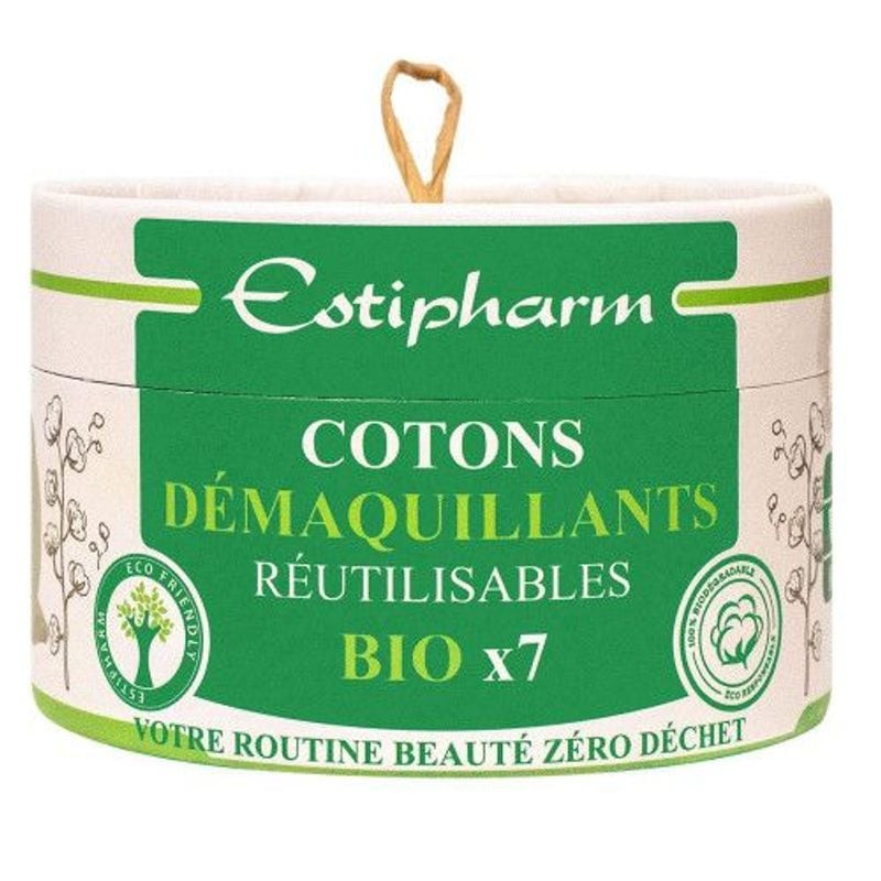 Packshot de 1570915 : lot de 7 cotons démaquillants réutilisables en coton bio avec filet de lavage.