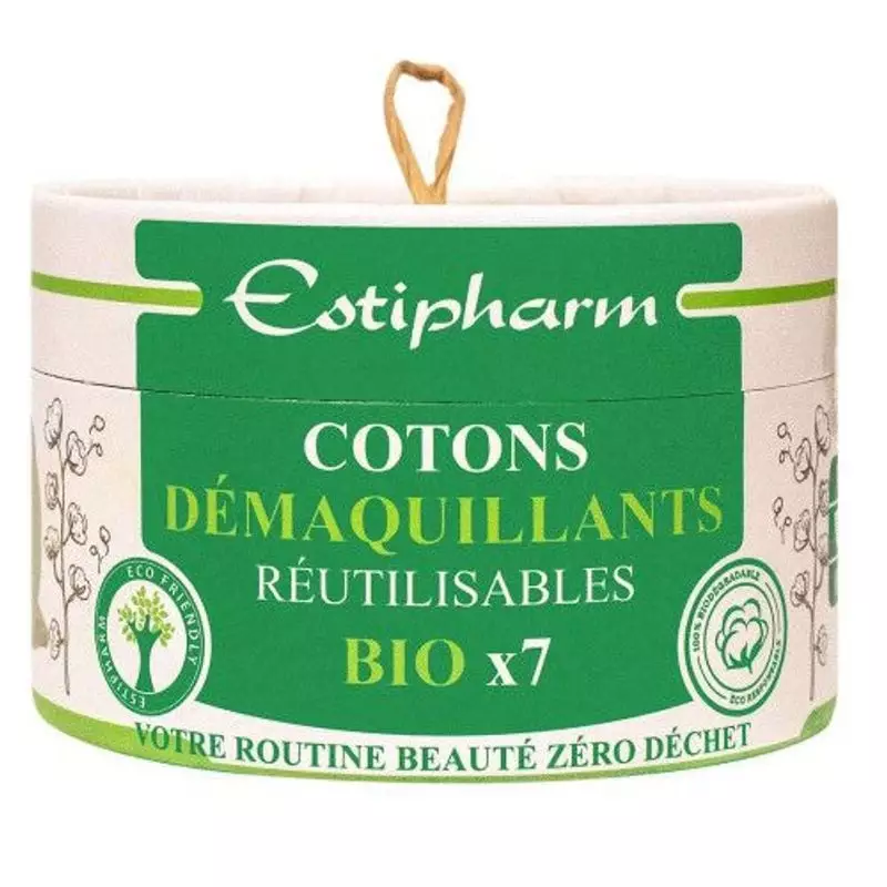 Packshot de 1570915 : lot de 7 cotons démaquillants réutilisables en coton bio avec filet de lavage.