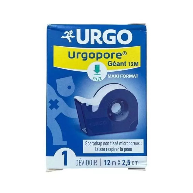 Gros plan du sparadrap microporeux Urgo Urgopore Géant 1869729, montrant la texture et le dévidoir.