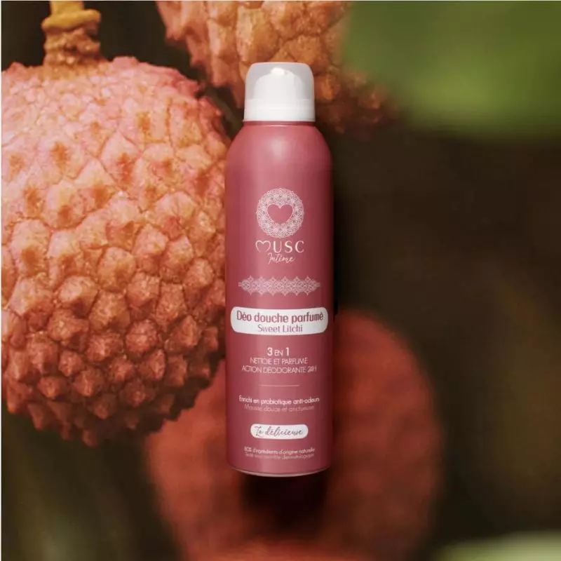 Flacon de gel douche déodorant 3-en-1 Musc Intime Sweet Litchi, au parfum sucré avec protection prob