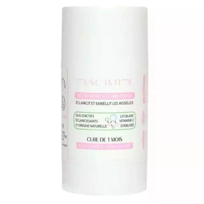 Packshot du Déodorant Éclaircissant Musc Intime en stick dans un tube blanc et violet.