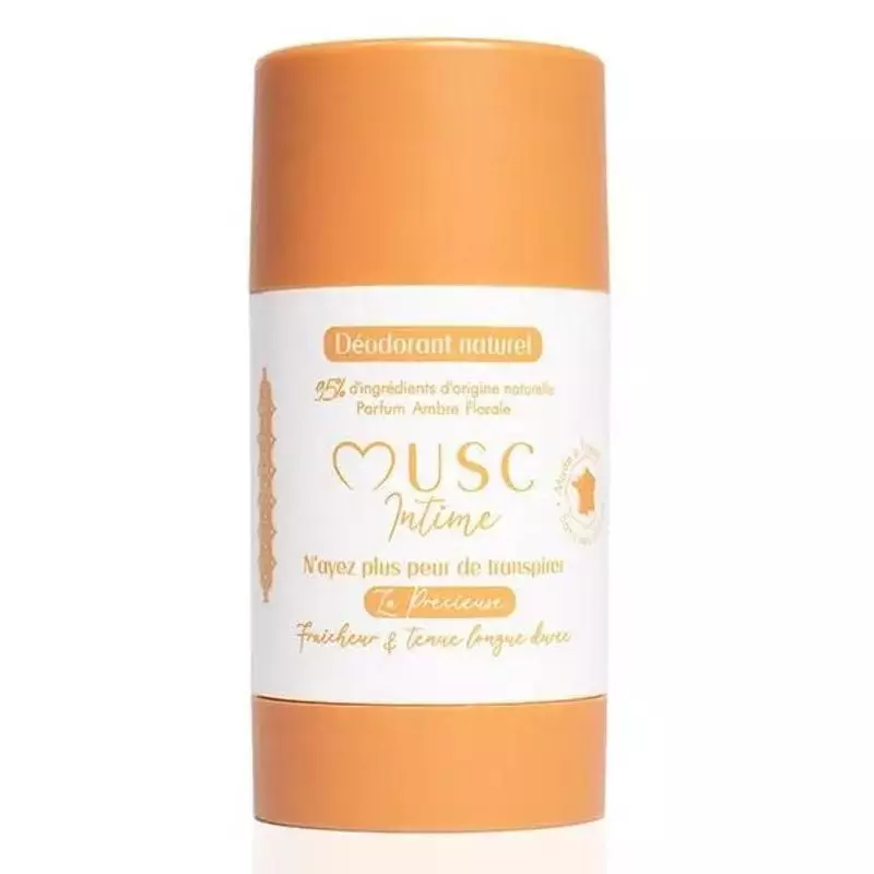 Packshot du Déodorant Solide Amber Flower La Précieuse de Musc Intime dans un stick compact avec une
