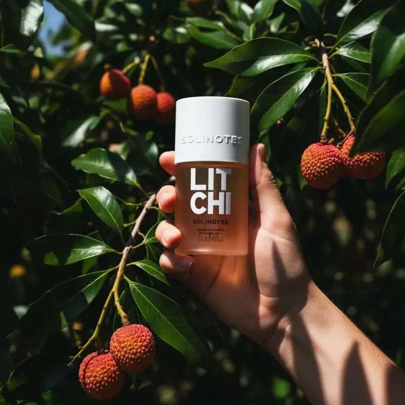 Femme vaporisant la brume parfumée Solinotes Litchi sur son cou dans un jardin ensoleillé, un moment