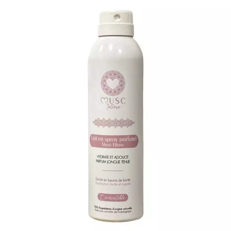 Packshot du spray lait corporel Musc Intime 1985872 avec étiquette blanche et bouchon.