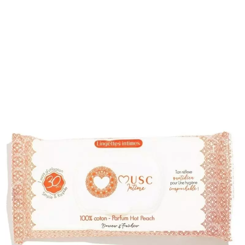 Vue arrière du paquet de lingettes intimes Musc Intime Hot Peach montrant la liste des ingrédients e