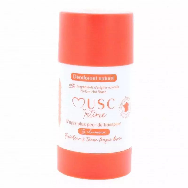 Packshot du déodorant solide naturel Musc Intime Hot Peach dans un tube à visser.