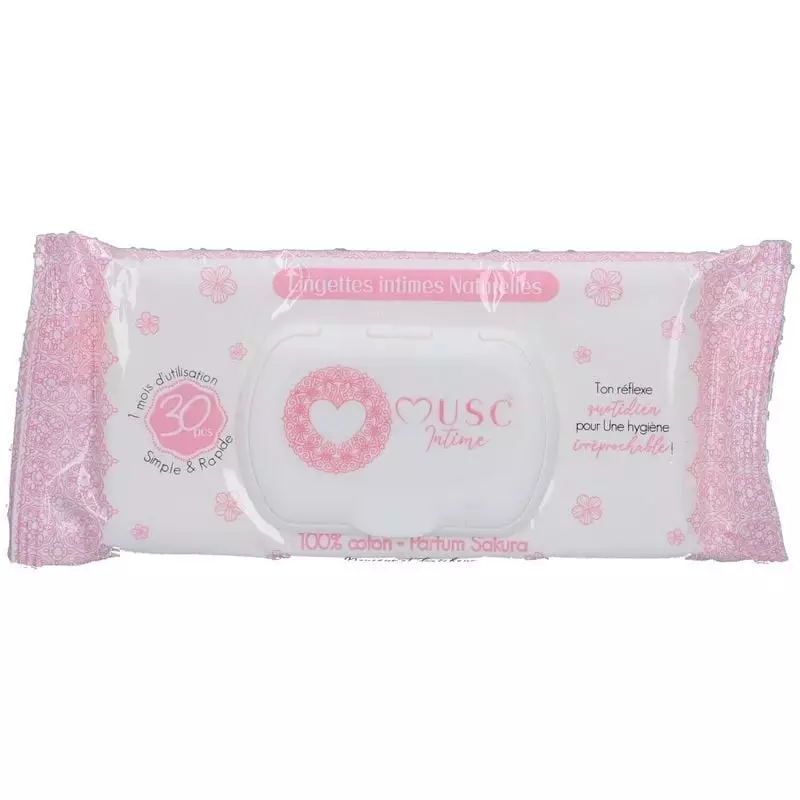 Angle alternatif du packshot des lingettes intimes Musc Intime Sakura mettant en avant les détails d