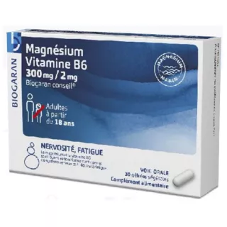 Magnésium Vitamine B6 300mg/2mg Biogaran - Nervosité & fatigue – 30 gélules