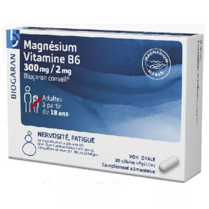 Magnésium Vitamine B6 300mg/2mg Biogaran - Nervosité & fatigue – 30 gélules