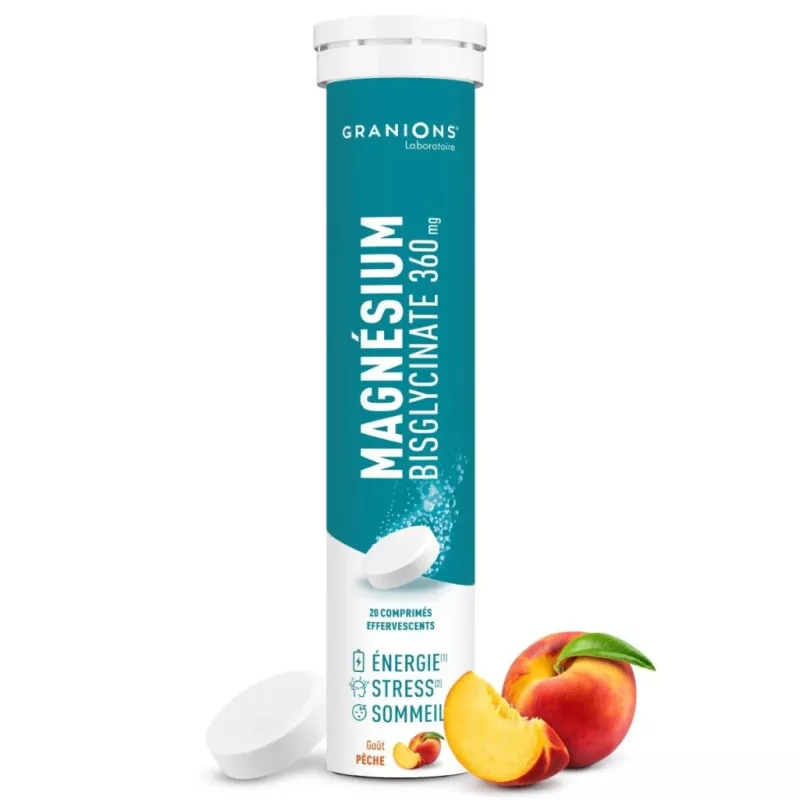 Magnésium Bisglycinate 360 mg Granions - Énergie, sérénité, récupération - 20 comprimés effervescents goût pêche