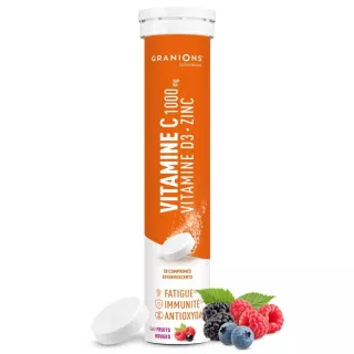 Vitamine C 1000mg + Vitamine D3 + Zinc Granions - Immunité au quotidien - 20 comprimés effervescents goût fruits rouges