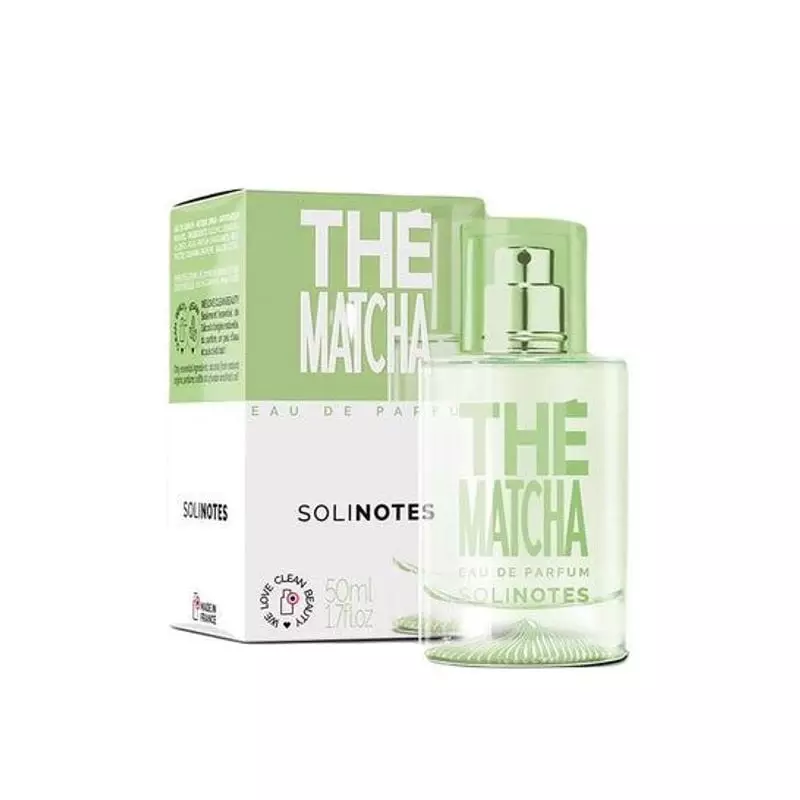 Vue arrière du flacon Solinotes Thé Matcha eau de parfum montrant les informations produit.