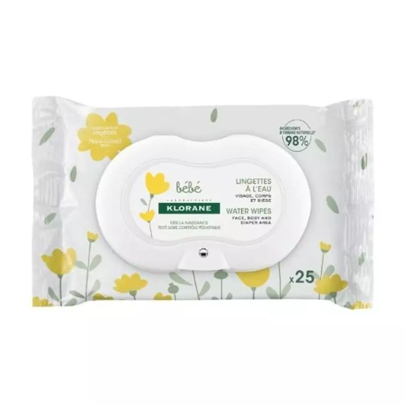Packshot des lingettes nettoyantes Klorane Bébé au calendula, montrant l'emballage refermable et les