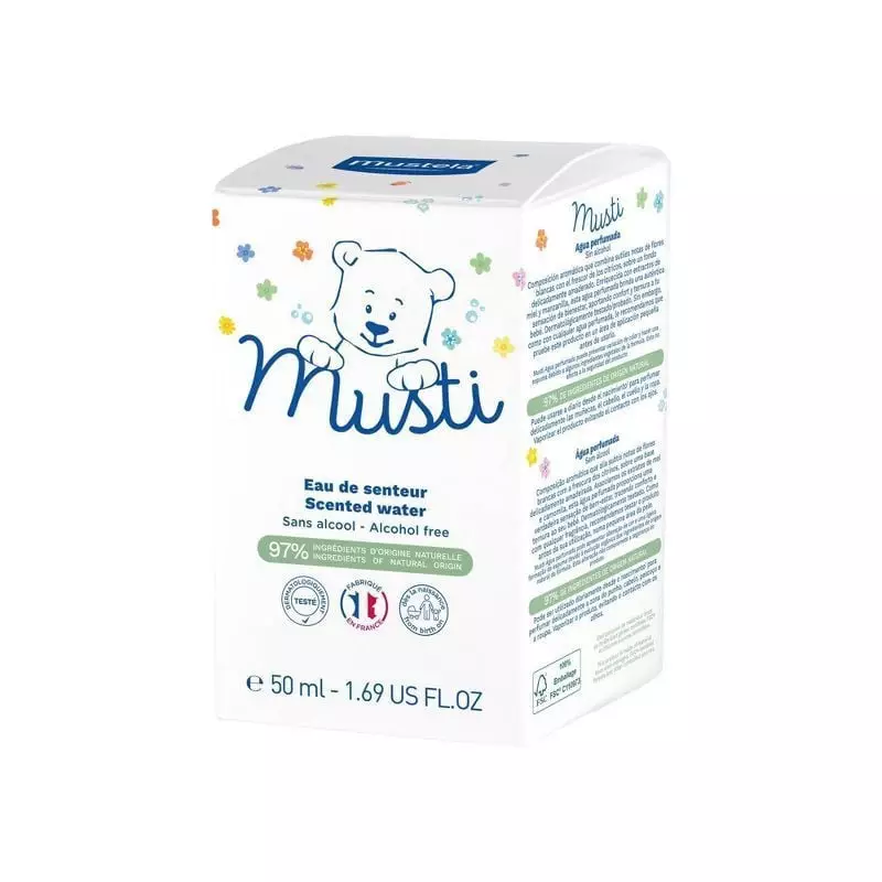 Vue arrière du flacon Mustela Musti Eau de Senteur montrant la liste des ingrédients et le code-barr