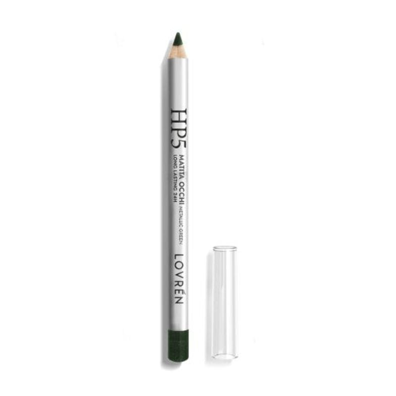 Crayon yeux longue tenue 24h Lovren en vert métallisé, gros plan du corps et de la pointe avec la te
