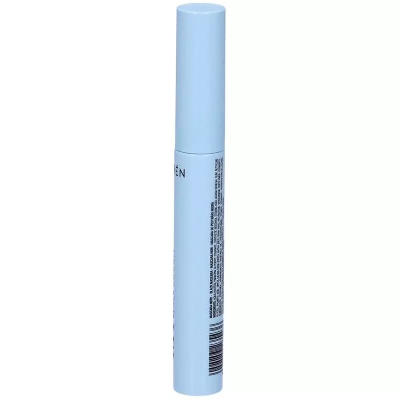 Vue en angle du mascara Lovren M4 Black Infinity, capot dévissé révélant la brosse conique chargée d