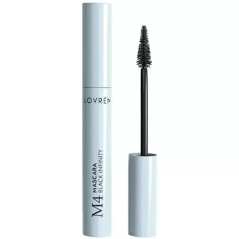 Mascara Lovren Noir Infinity plan vue de face, tube noir avec lettres et capuchon argentés, brosse c