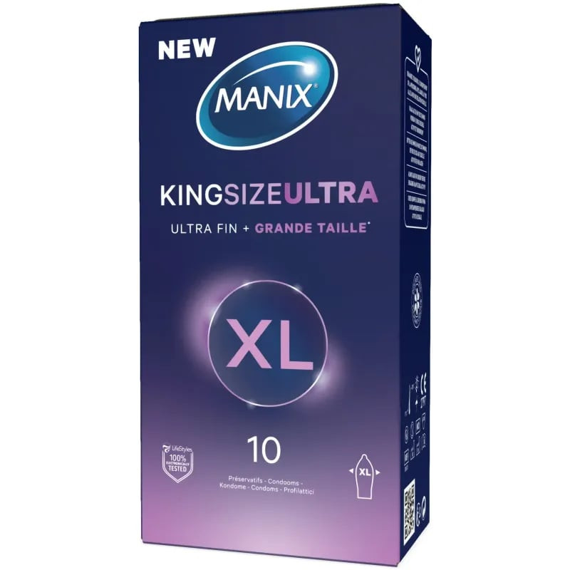 Packshot des préservatifs Manix King Size Ultra au parfum vanille, montrant la boîte et les détails 